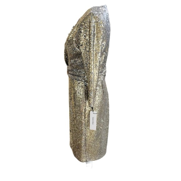 Calvin Klein Gold  Silver V-Neck Sequin Mesh Dress 3/4 Sleeve Sheath Cocktail - Picture 4 of 11